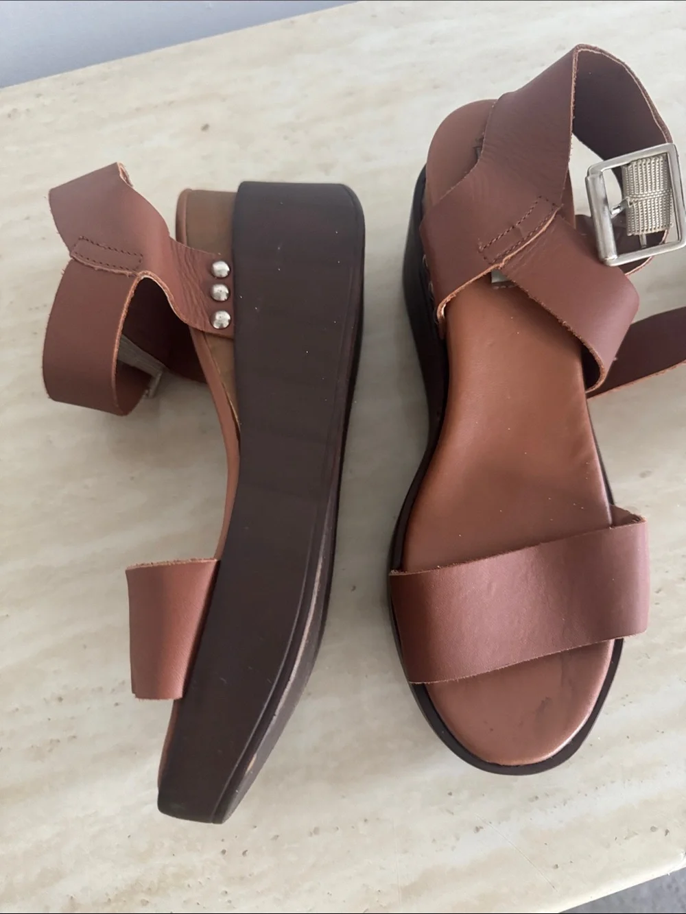 Steve Madden Brown Leather Wedge Sandals with Silver Buckle